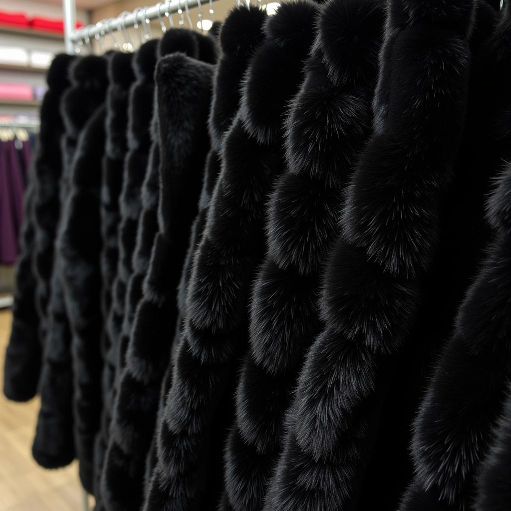 Rolls of black fun fur fabric in a fabric store