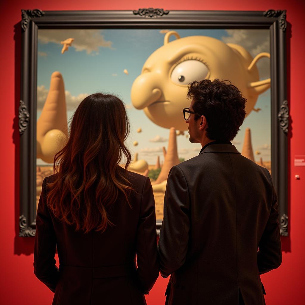 Couple looking at a surrealist painting inside the Dalí Museum, gazing at it with admiration and interest.