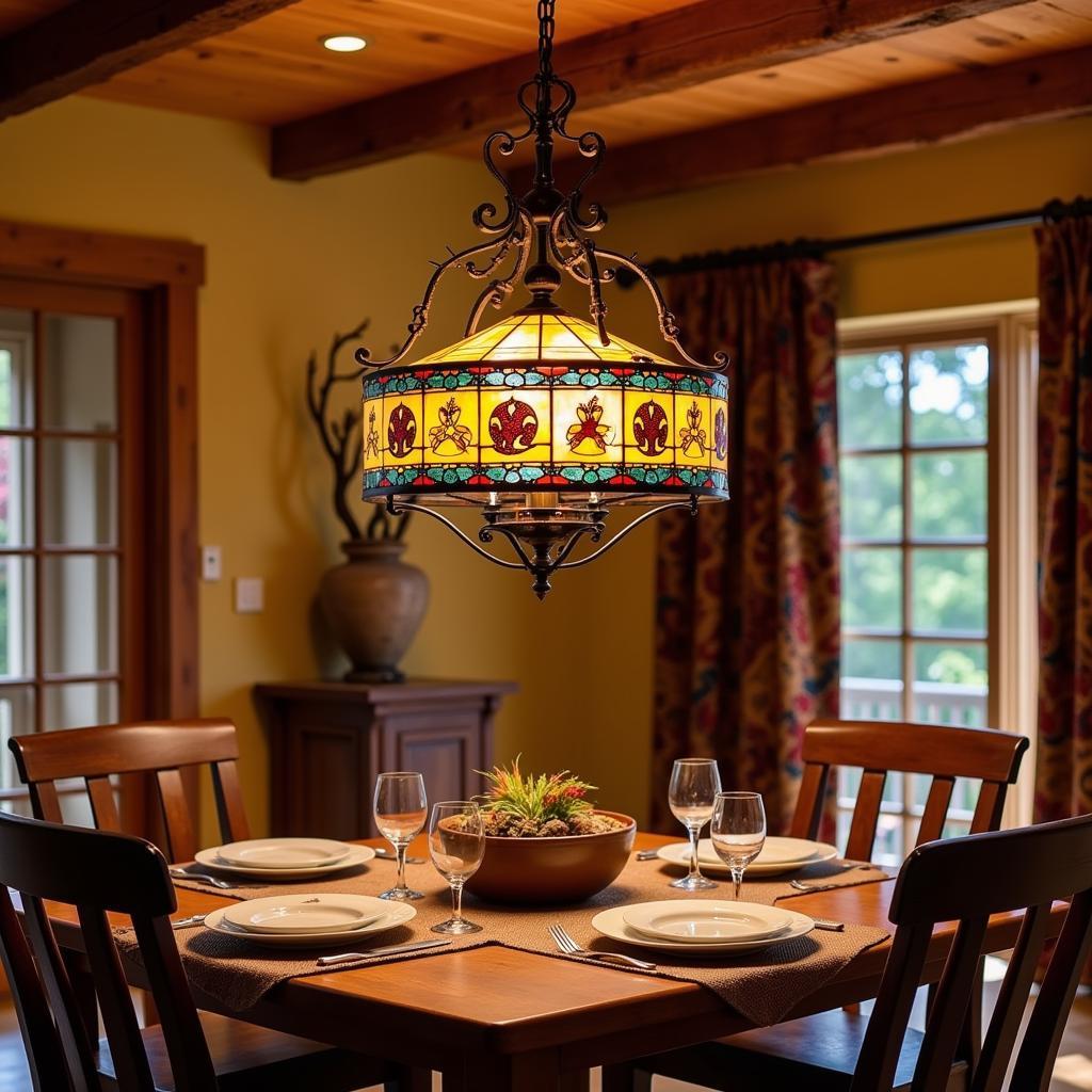 A dining room is enhanced by the unique beauty of a Southwest style chandelier