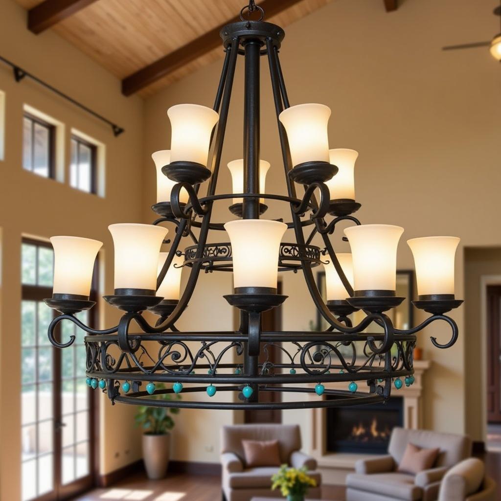 A living room is illuminated by a Southwest style chandelier