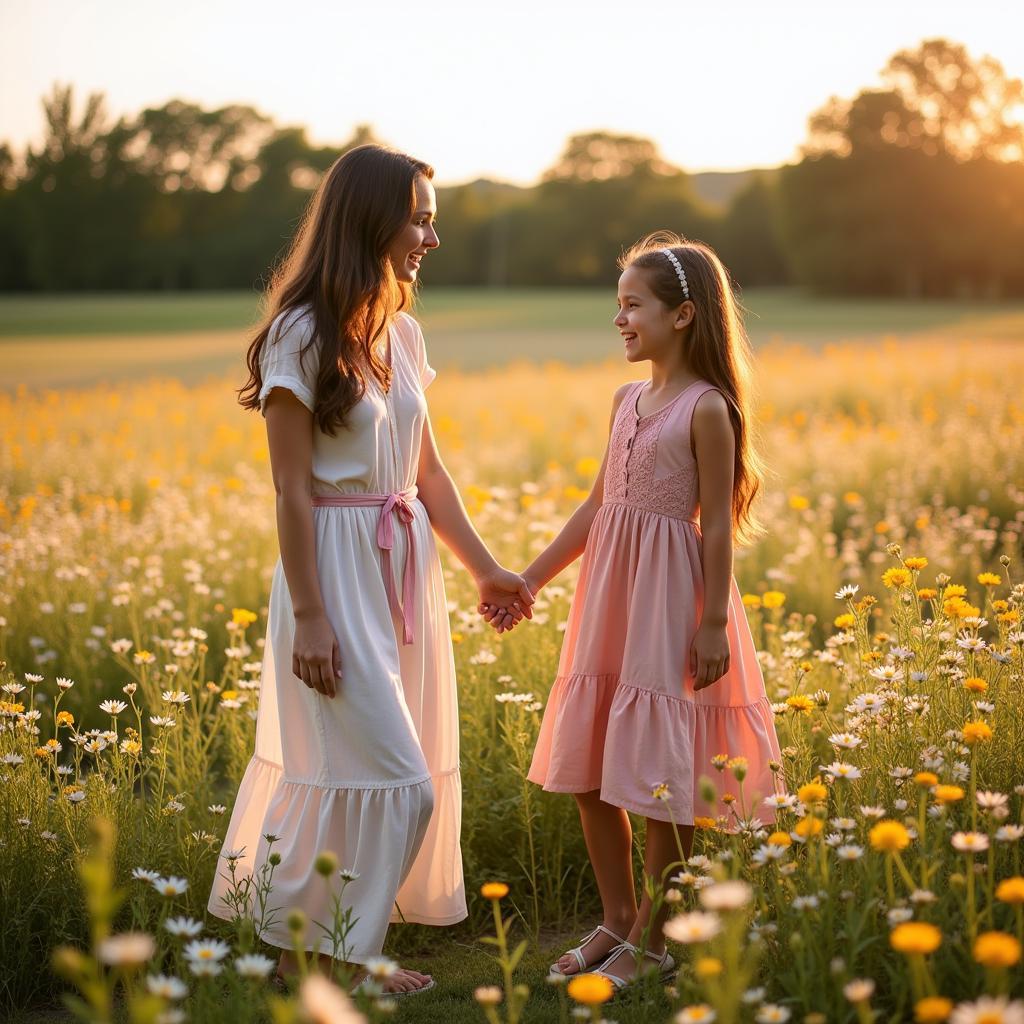 Mother and Daughter in a Field of Flowers