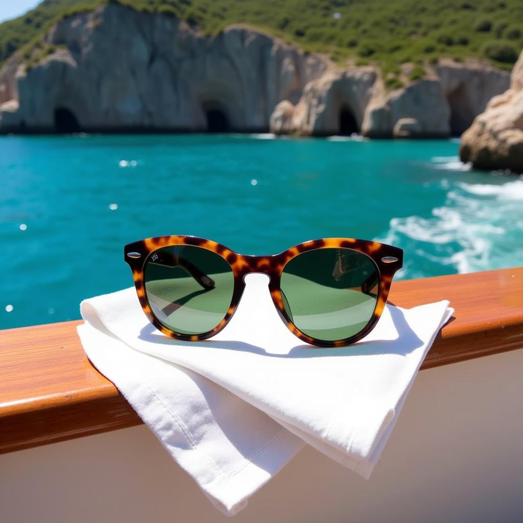 Dickie Greenleaf's sunglasses resting on the railing of a luxurious yacht