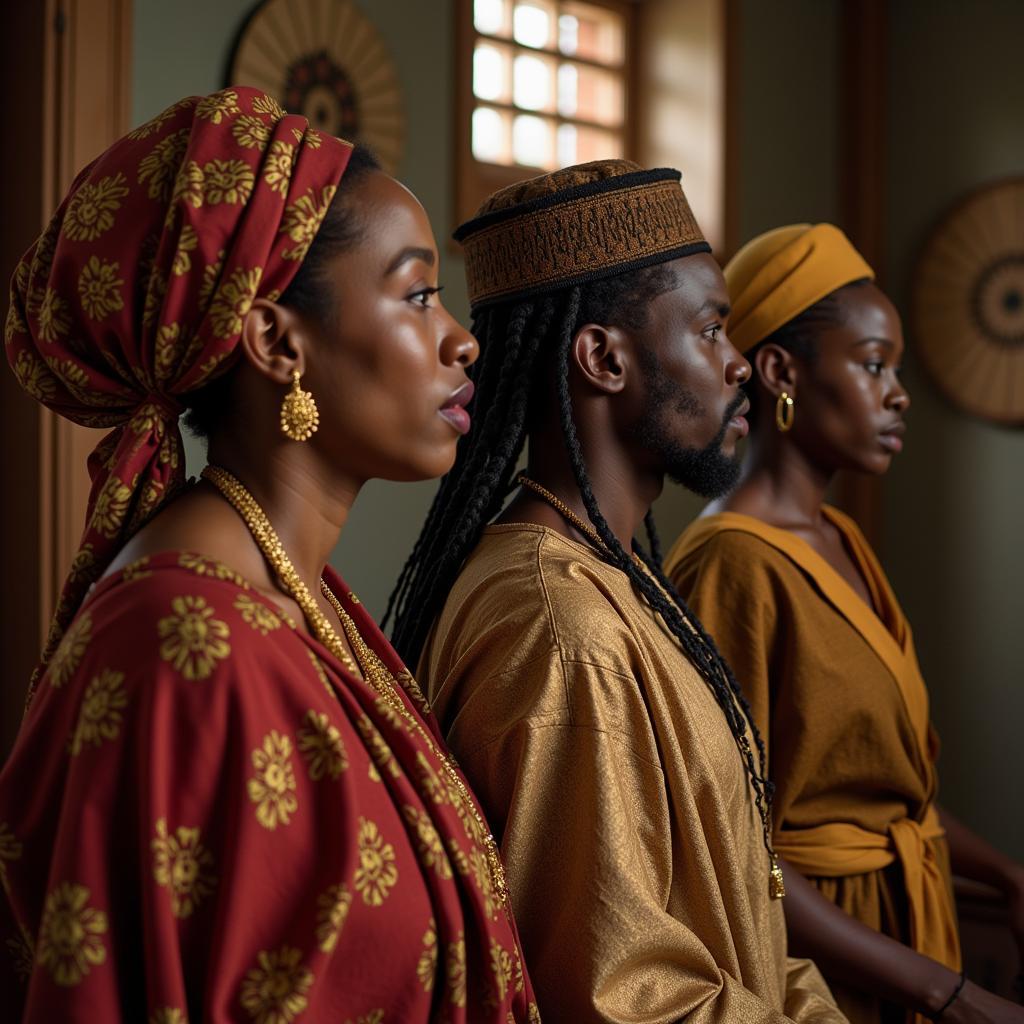 Nigerian actors performing a scene in a rural setting