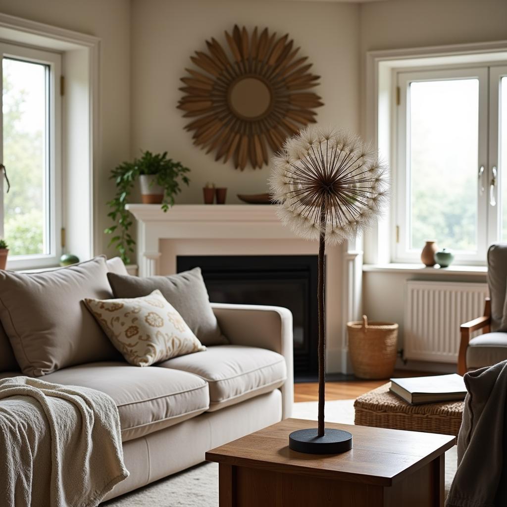 Wire dandelion sculpture adorning a living room setting