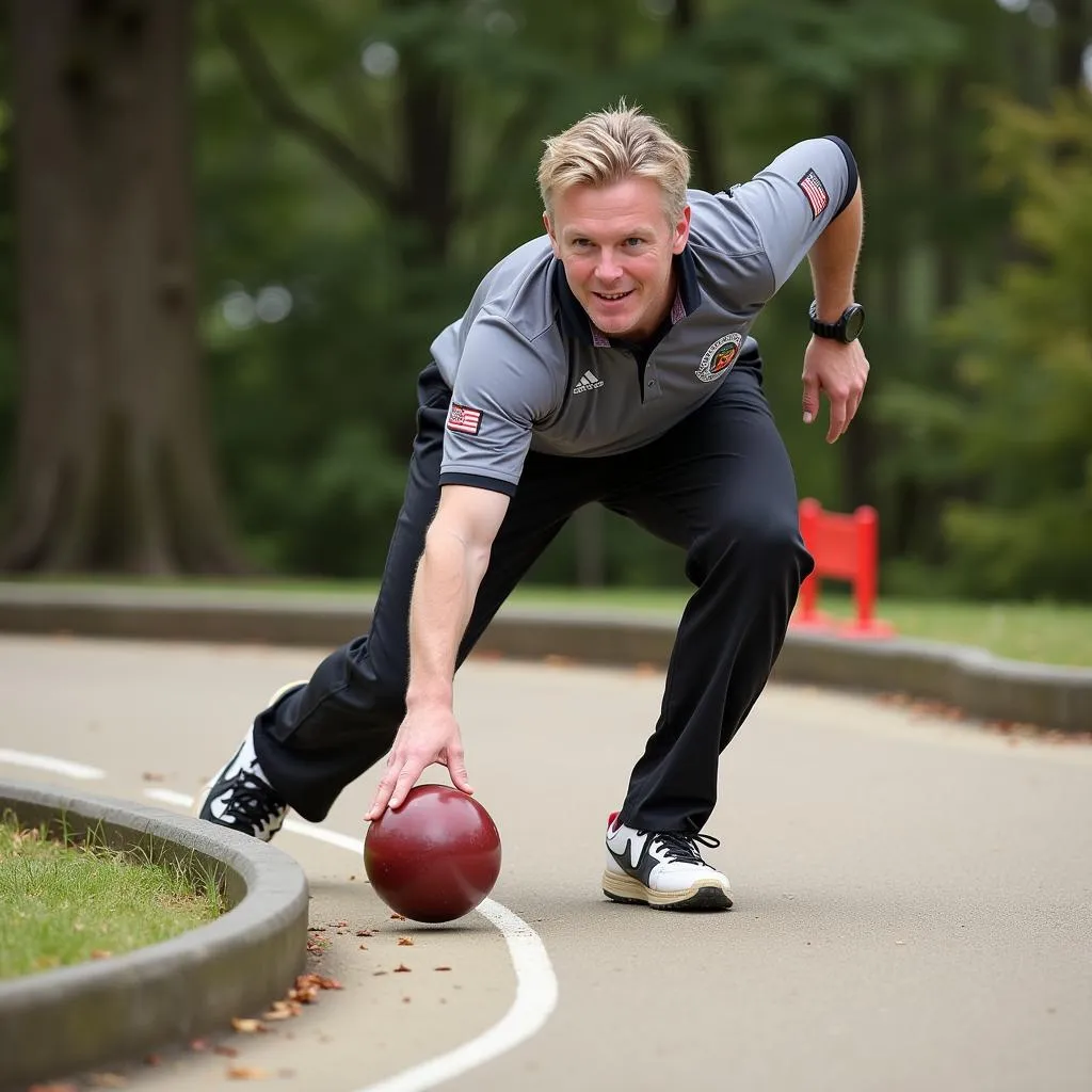 A road bowler expertly controls his bowl's trajectory on a winding road.