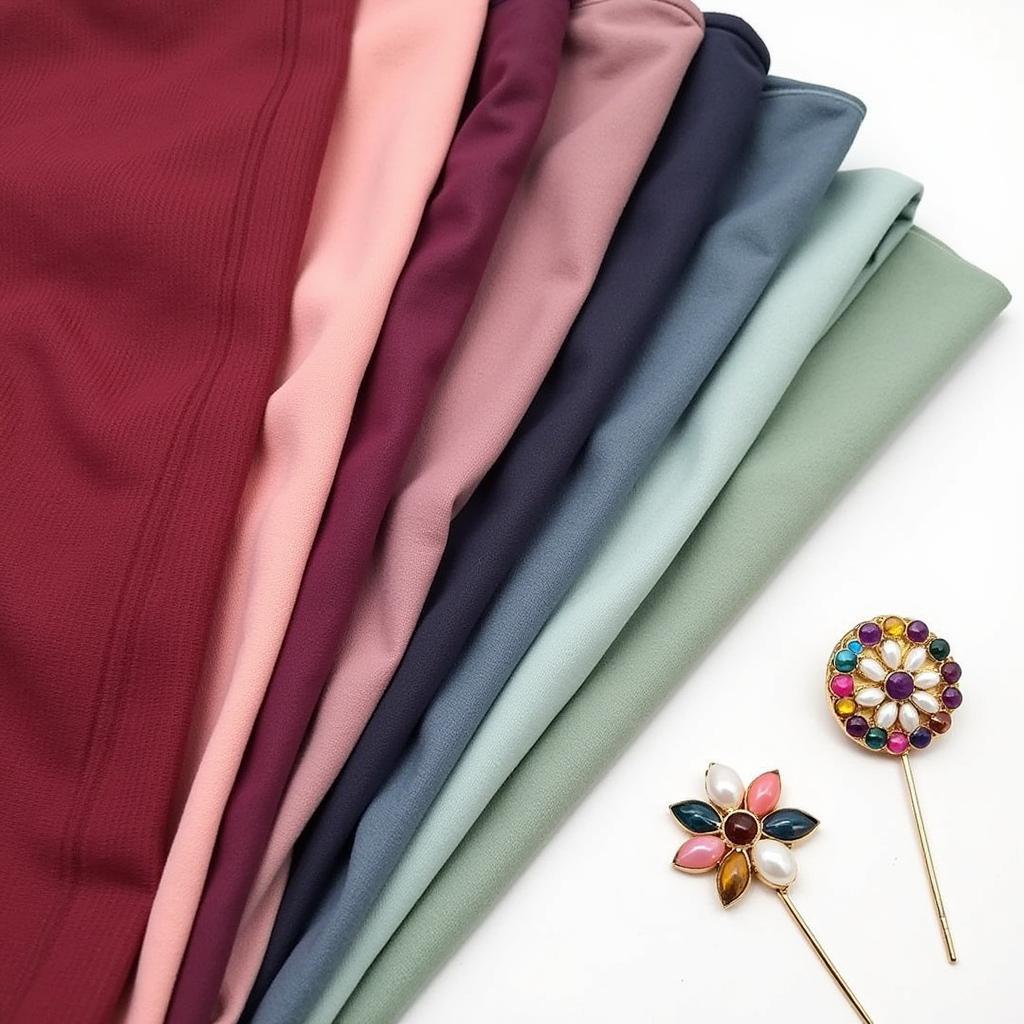 Various hijab fabrics neatly arranged with colorful pins.