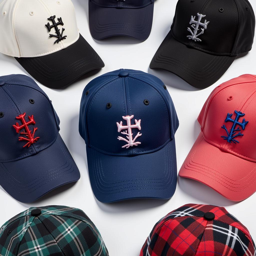 A variety of Scotland baseball hat designs laid out on a table.