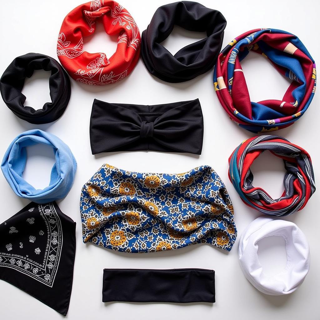 An assortment of motorcycle head wraps in various colors, fabrics, and styles.