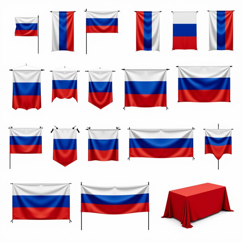 Various types and sizes of Russian flags on display