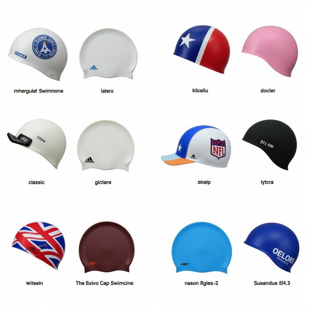 Various swimming caps displayed, showcasing different materials and designs.