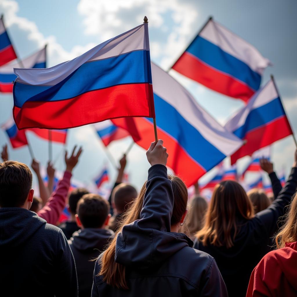 People proudly waving Russian flags at a public event