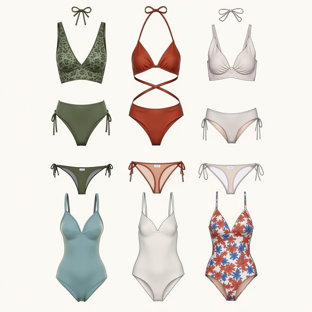 Natural bathing suits in various colors and styles.