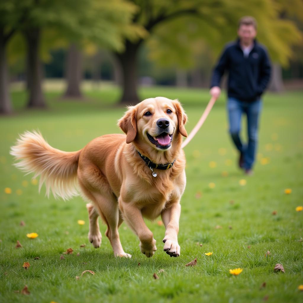 Dog enjoying freedom with a 30 ft lead