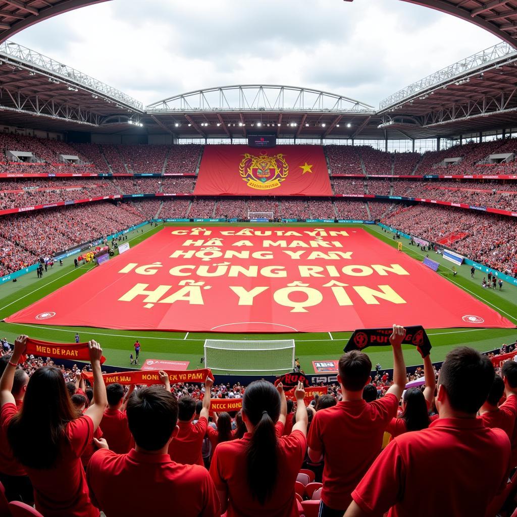 Đội Bóng Đá fans cheering with a large banner in the stadium stands.