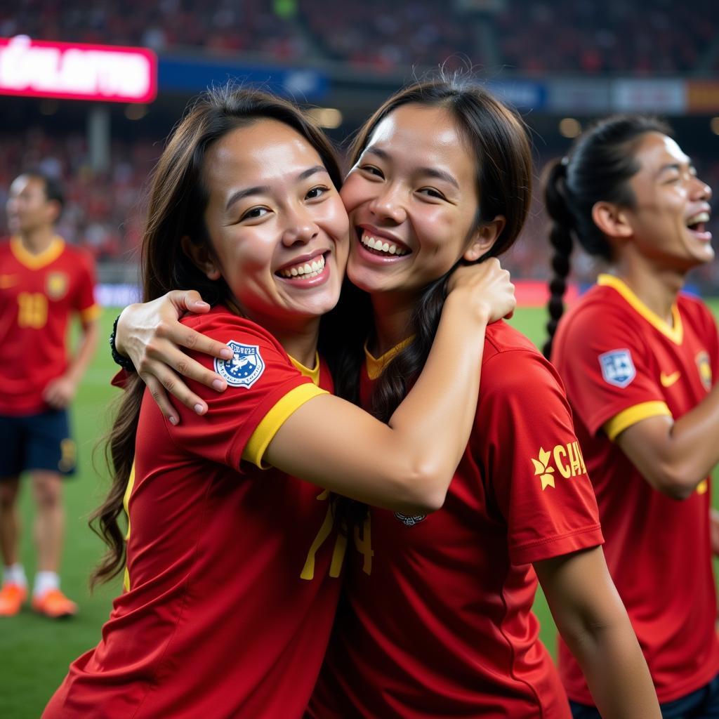 Đội Bóng Đá fans hugging each other after a victory.