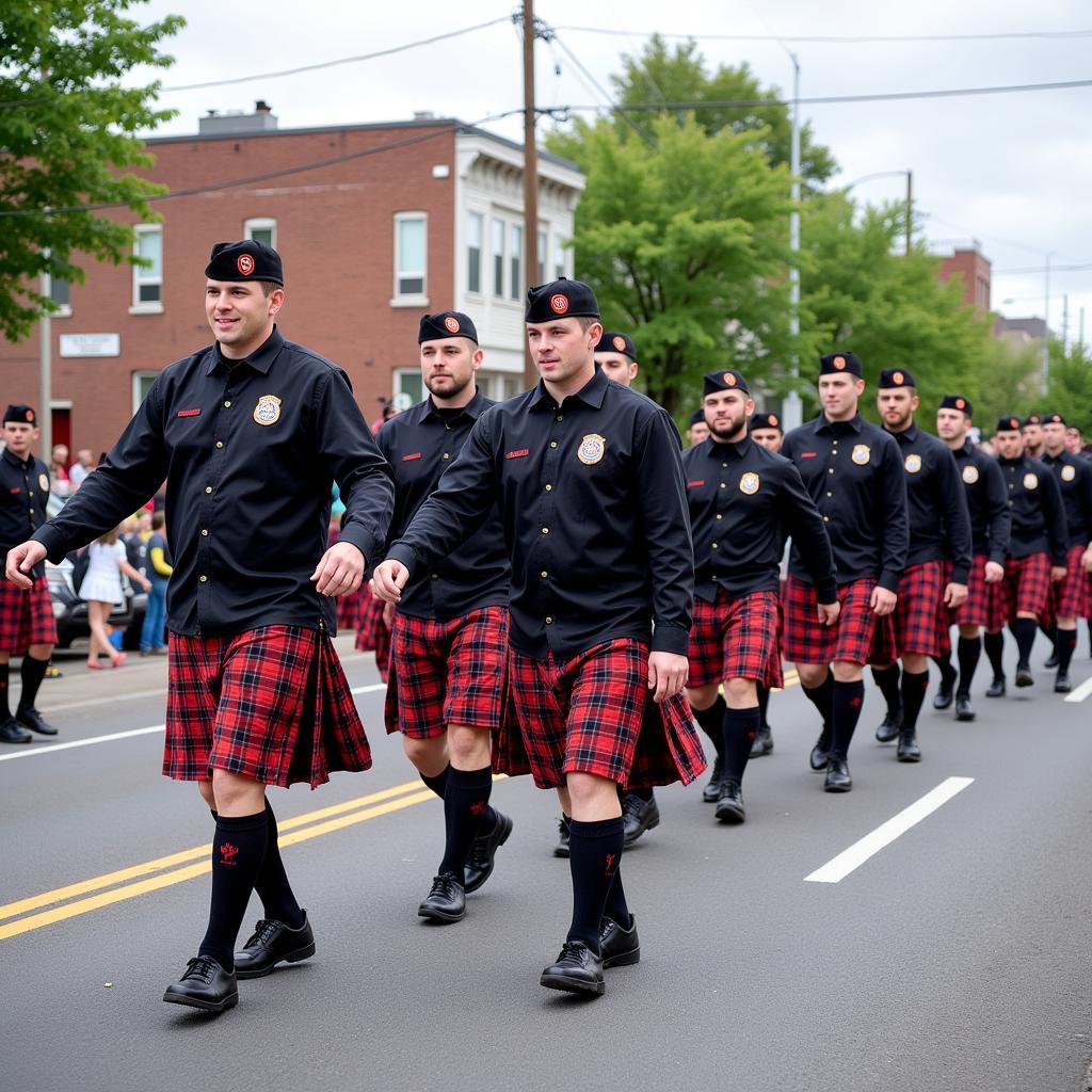 Firefighters in kilts at a parade