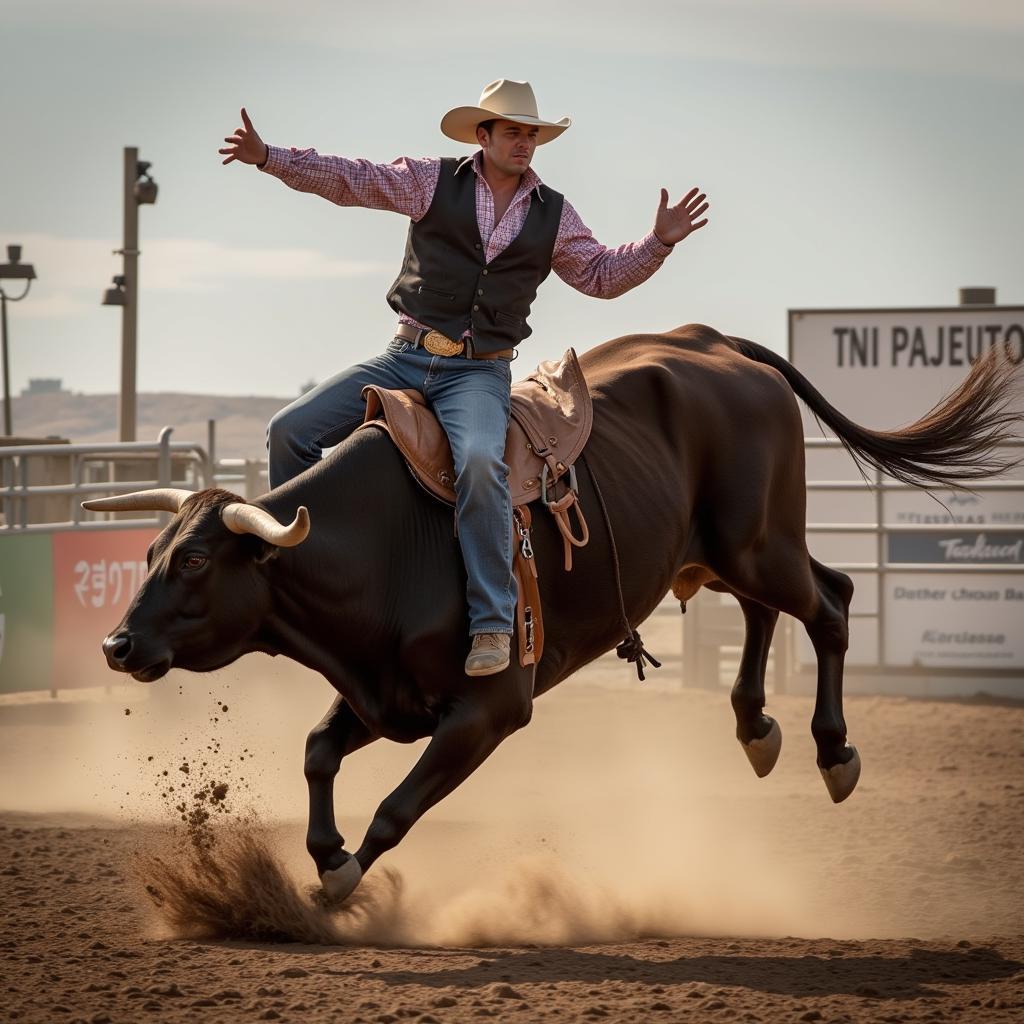 Don Gay riding a bull during a rodeo competition