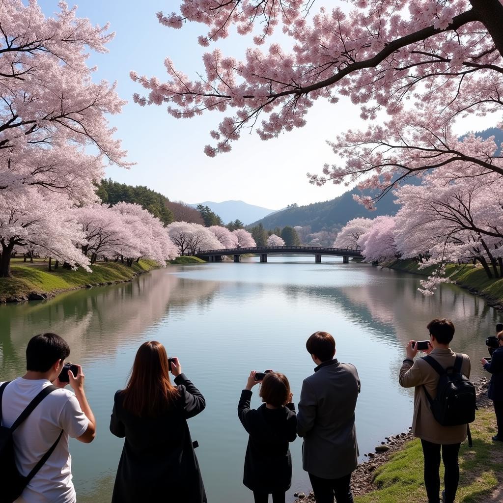 Tourists taking photos of cherry blossoms by a lake in Japan