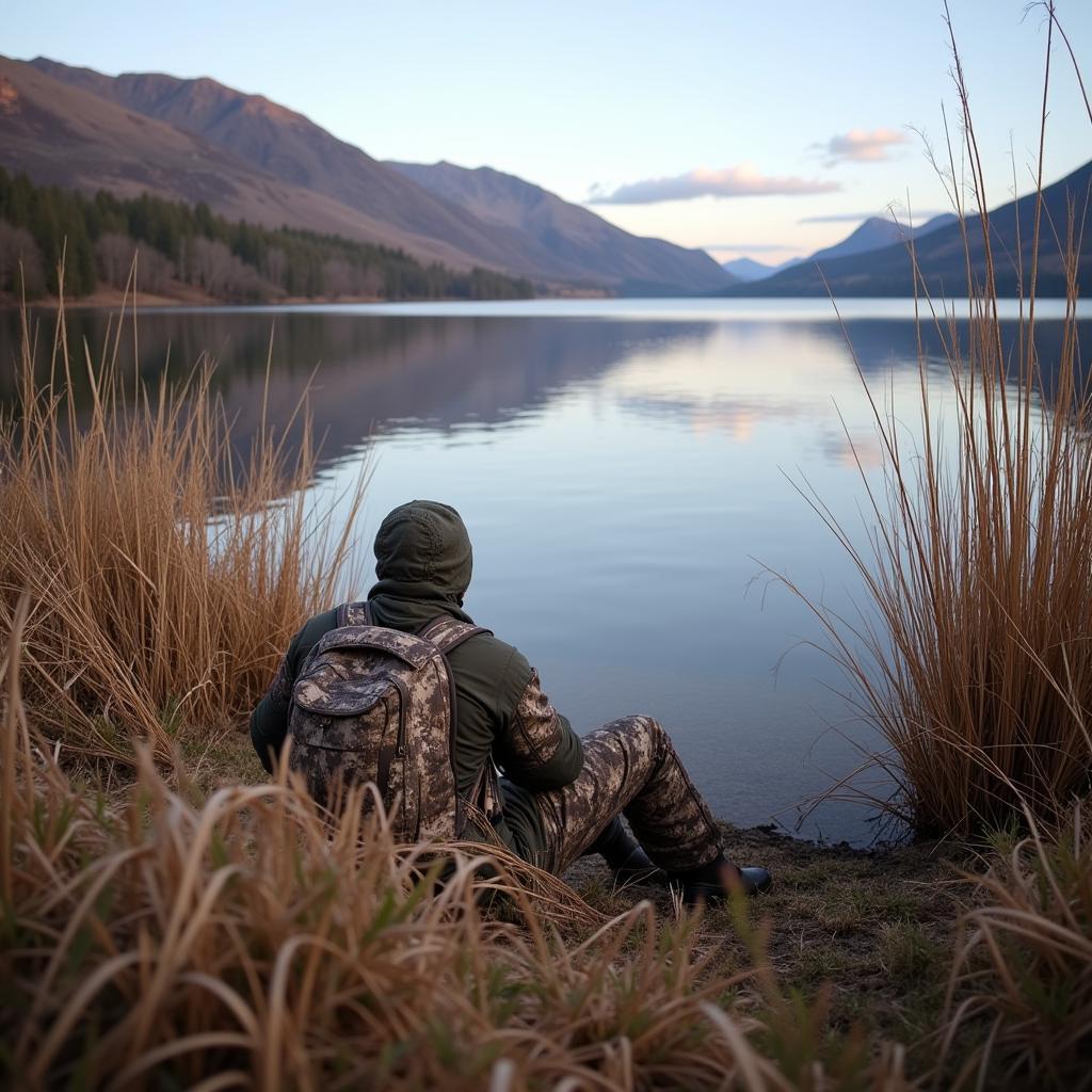 A duck hunter lies in wait, camouflaged by the loch's edge.