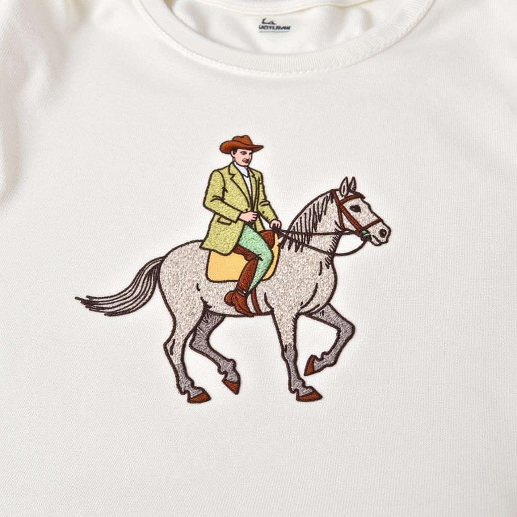 Embroidered horse and rider design on fabric