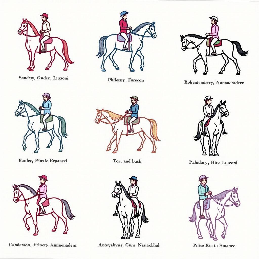 A selection of embroidery patterns featuring horses and riders