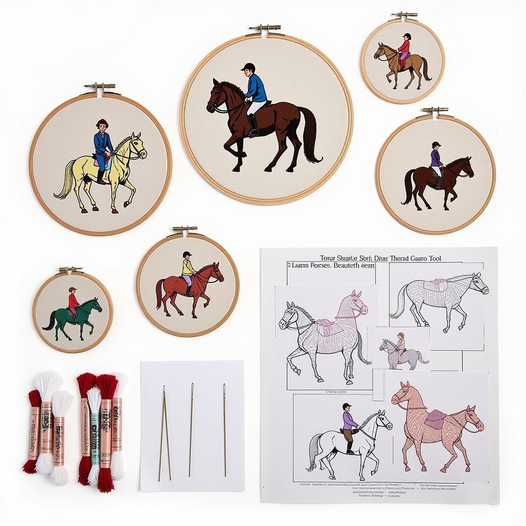 A collection of embroidery supplies for creating horse and rider designs