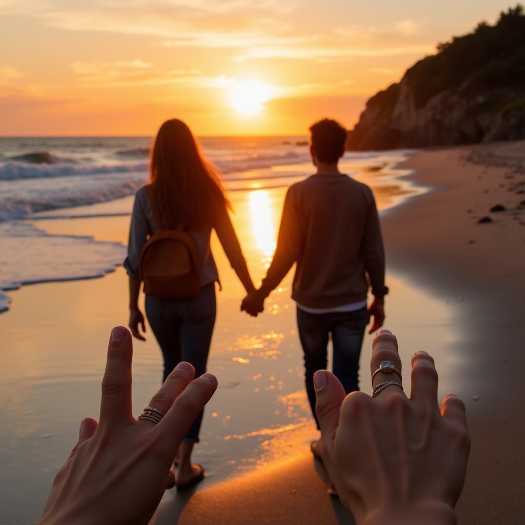 Couple wearing matching fake rings on a beach vacation