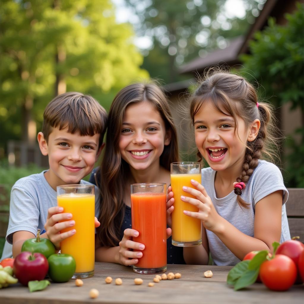 Familia disfrutando de jugo de la granja fresco