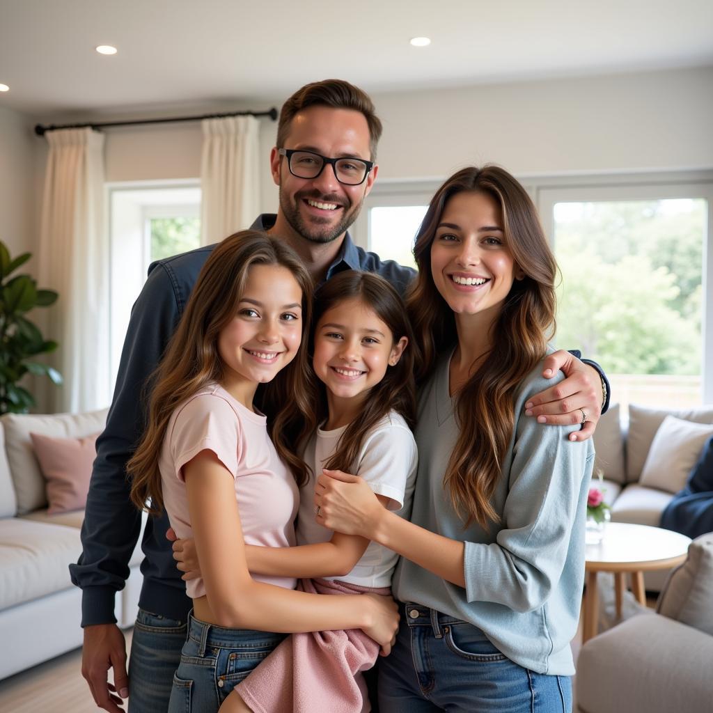 Familia feliz en su nueva casa remodelada