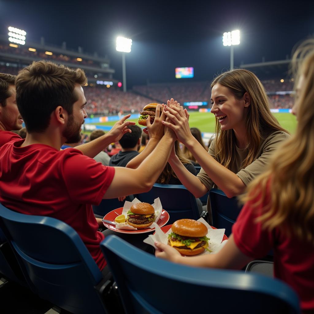 Fans sharing burgers and cheering in the stadium seats