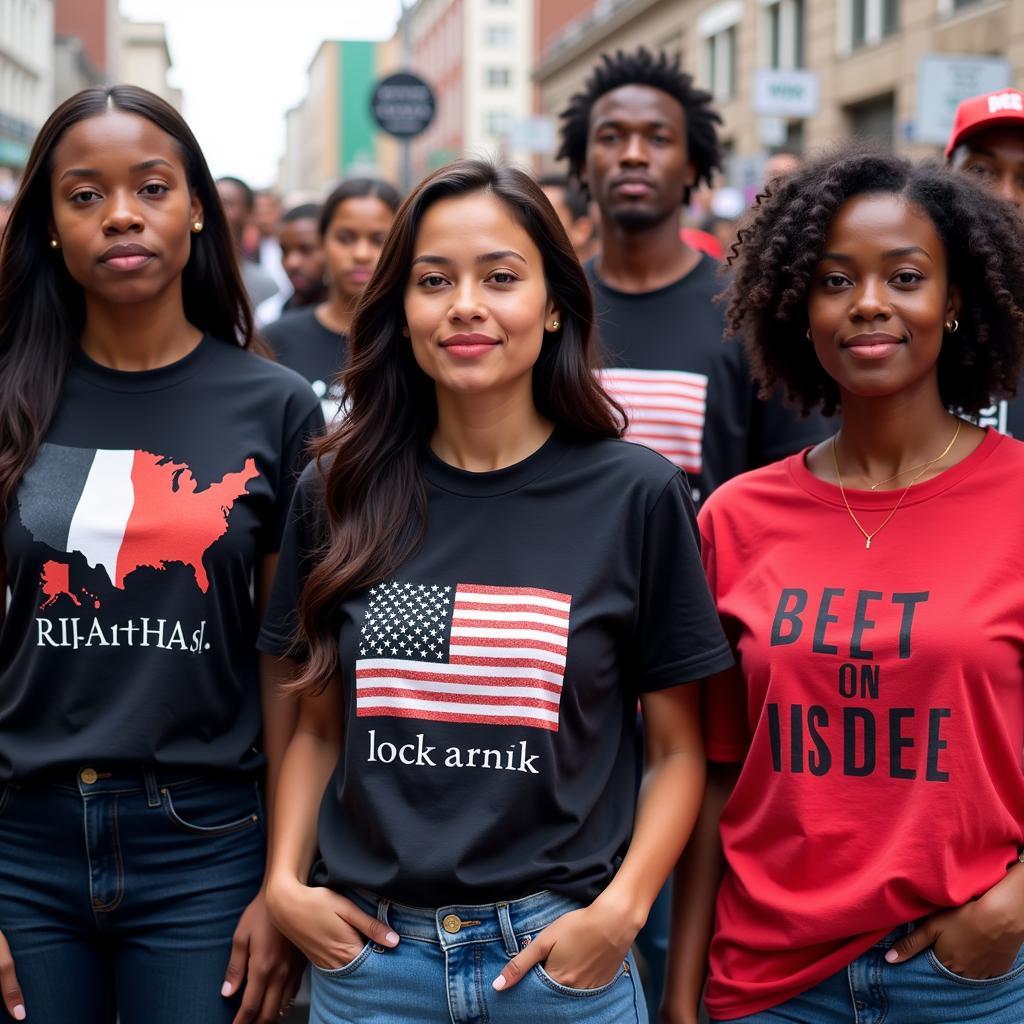 Fans show their support by wearing Rihanna's political t-shirts at a rally.