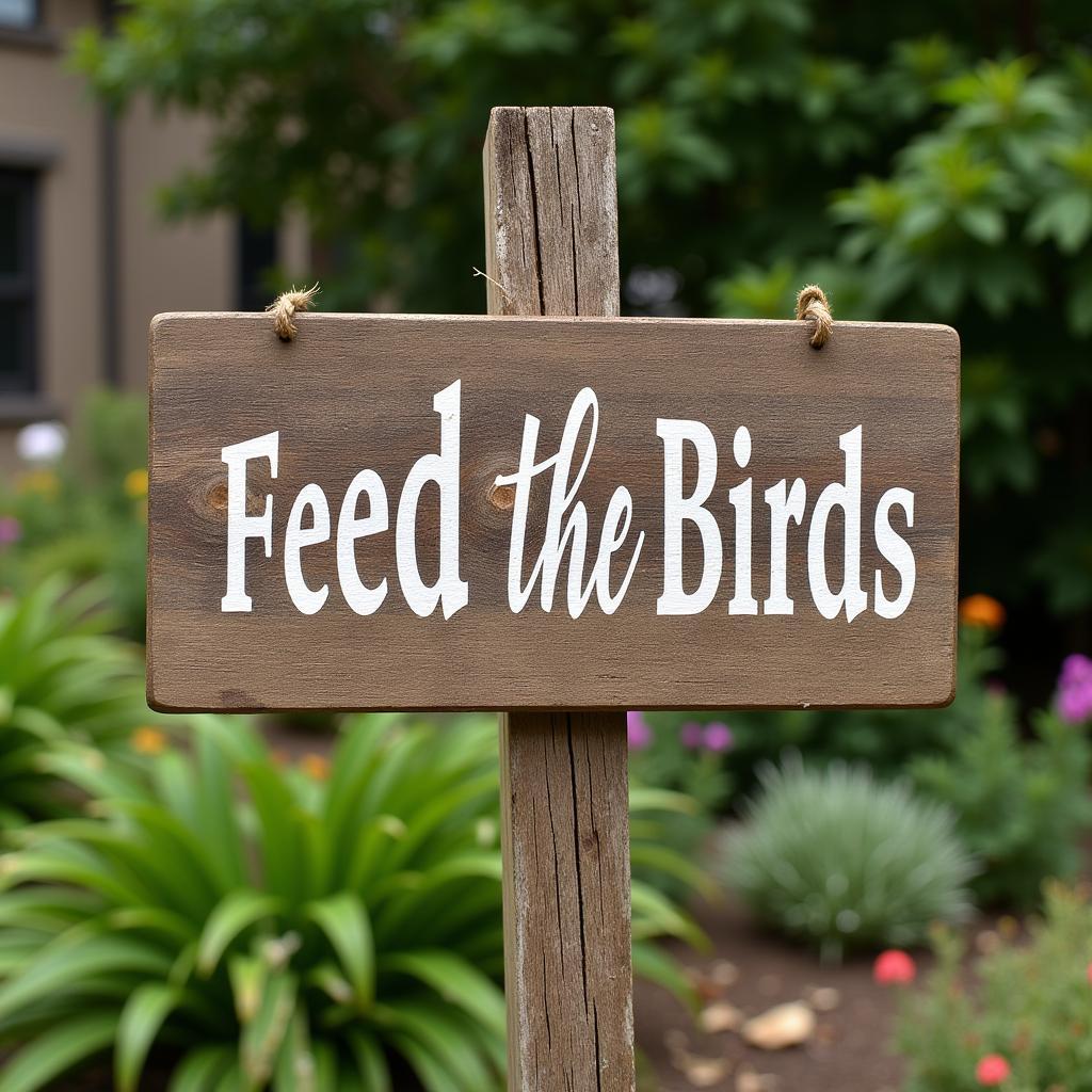 Feed the birds sign on a wooden post