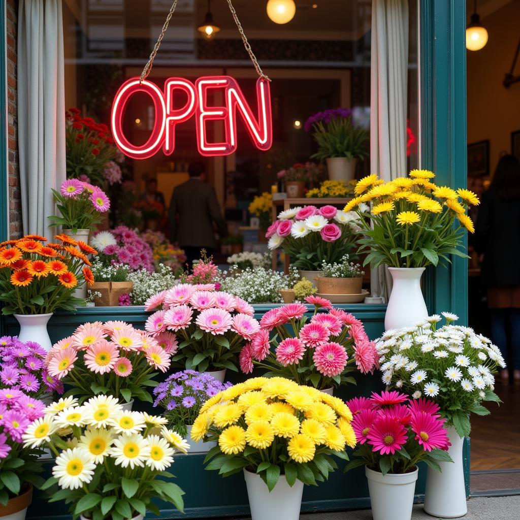 Floristería con letrero de "Abierto"