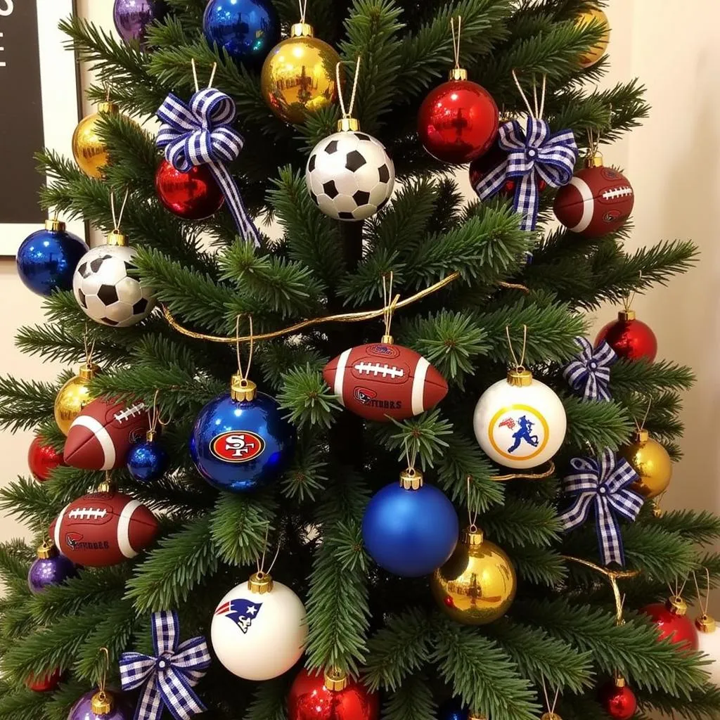 A Football Christmas Tree Decorated with Team Colors and Ornaments