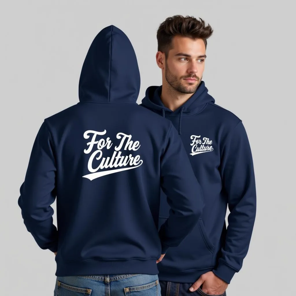 Người mẫu mặc áo hoodie For The Culture màu xanh navy