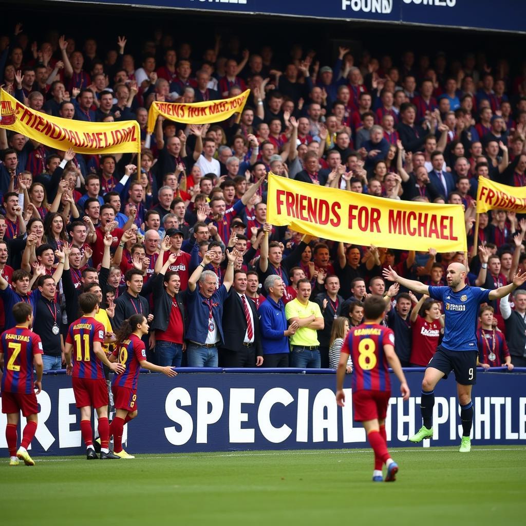 Fans celebrating a goal with banners and jerseys supporting Michael