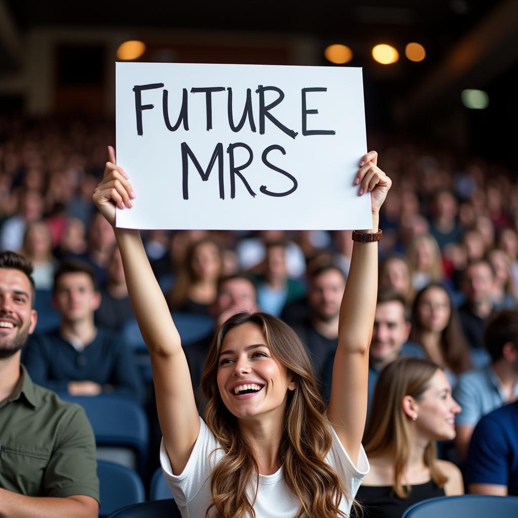 Cổ động viên nữ giơ cao tấm biển "Future Mrs Sign" trên khán đài