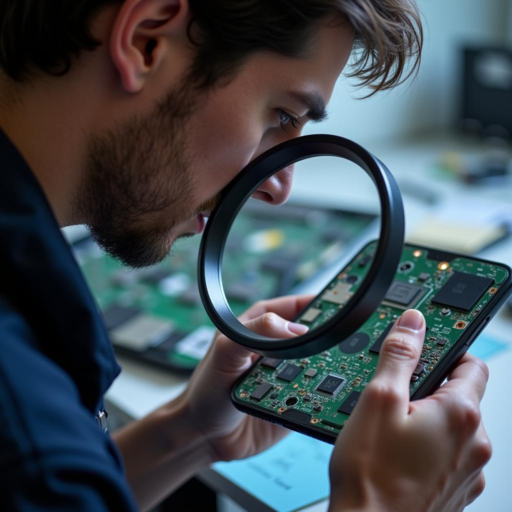 A technician examining a smartphone motherboard in a repair shop.