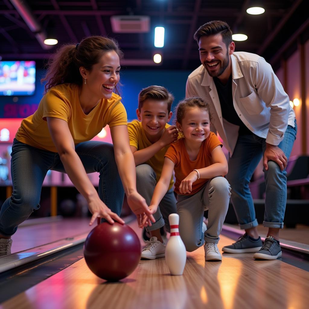 Gia đình cười vui chơi bowling cùng nhau