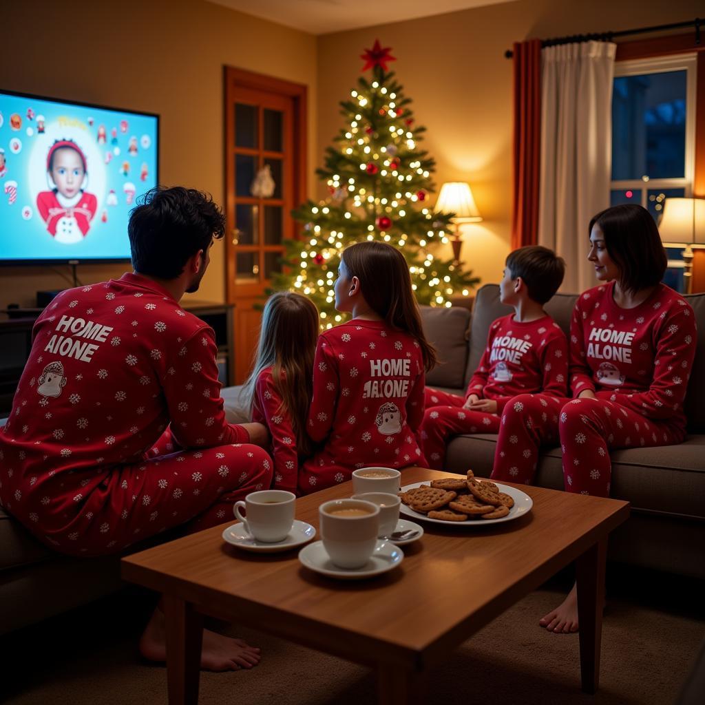 Family in matching Home Alone Christmas pajamas watching movie at home