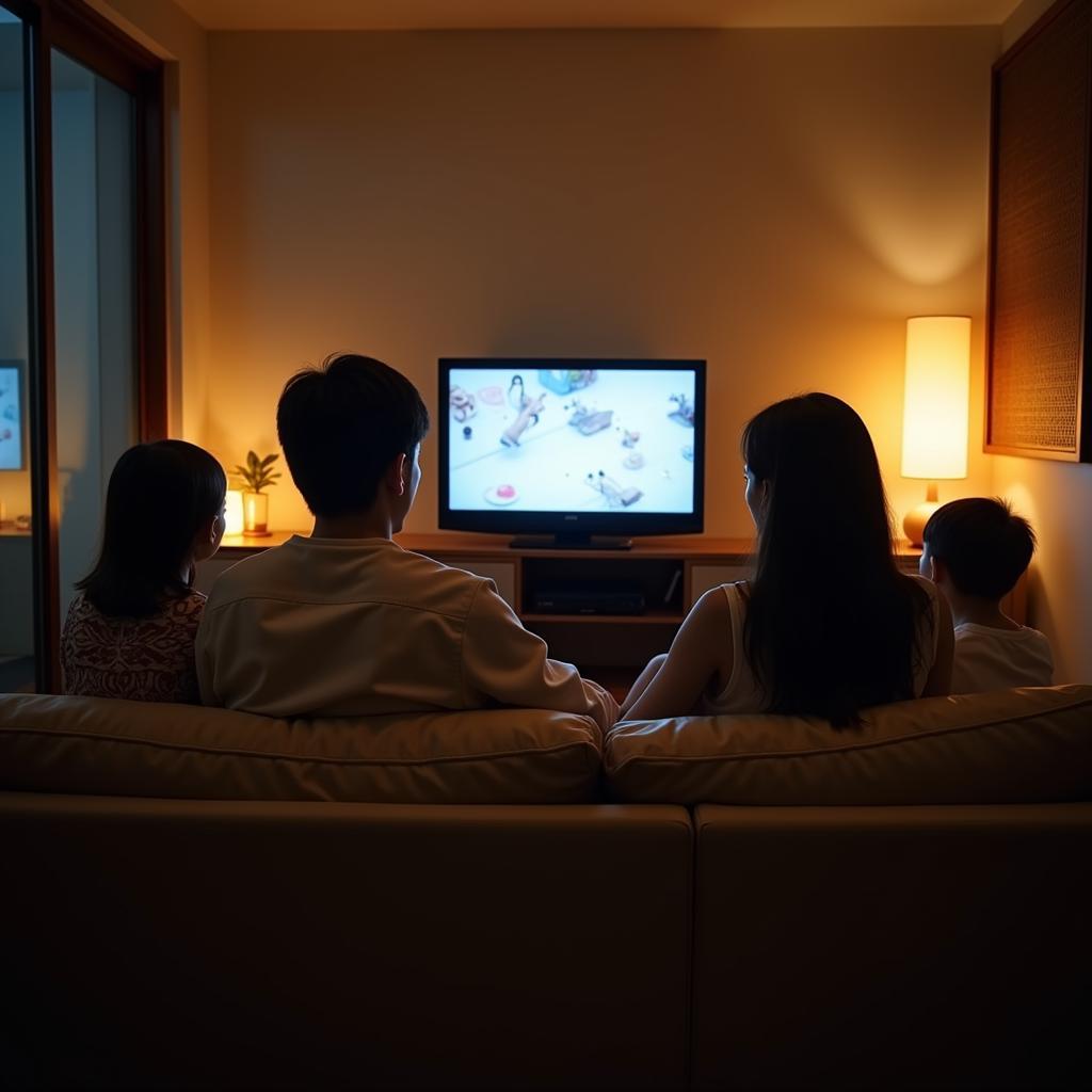 Japanese family watching television in their bedroom