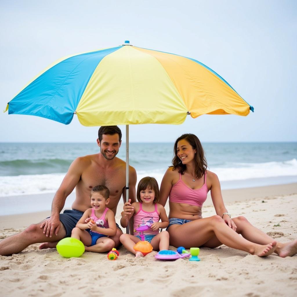 Family enjoying a rented umbrella on Ocean City beach