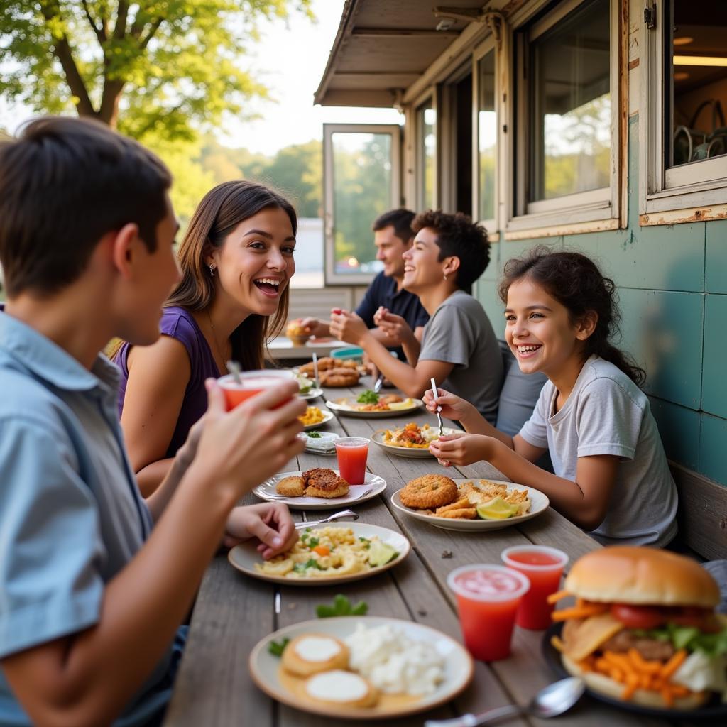 Family enjoying a meal from a food truck in Highland Park