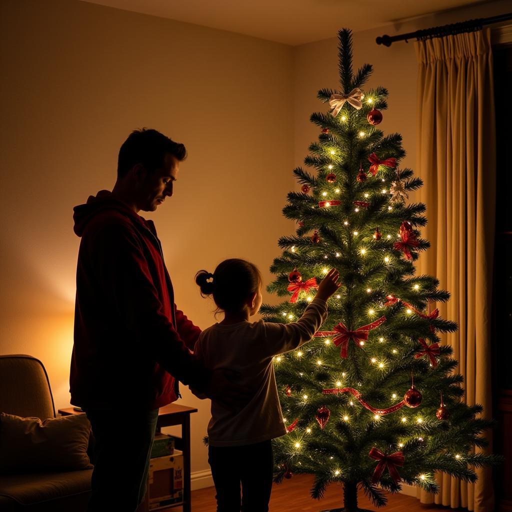 Family Decorating Christmas Tree Safely