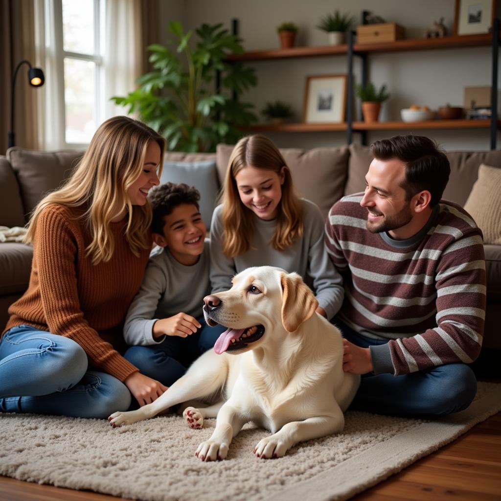 Family relaxing with dog on living room rug