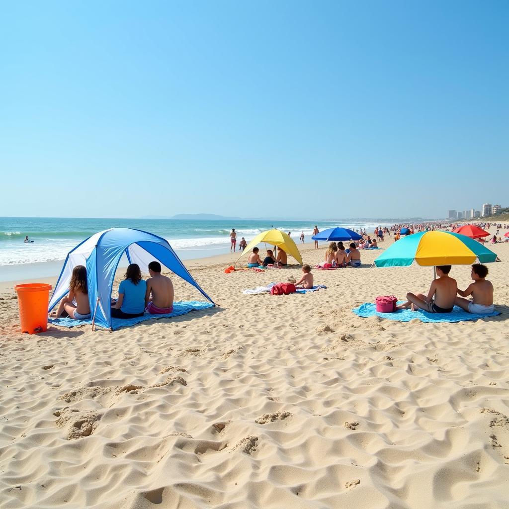 Colorful wind screens protecting families on a crowded beach