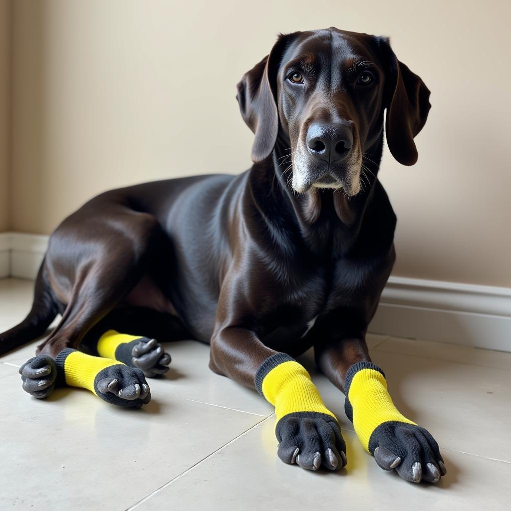 Great Dane Wearing Socks Indoors