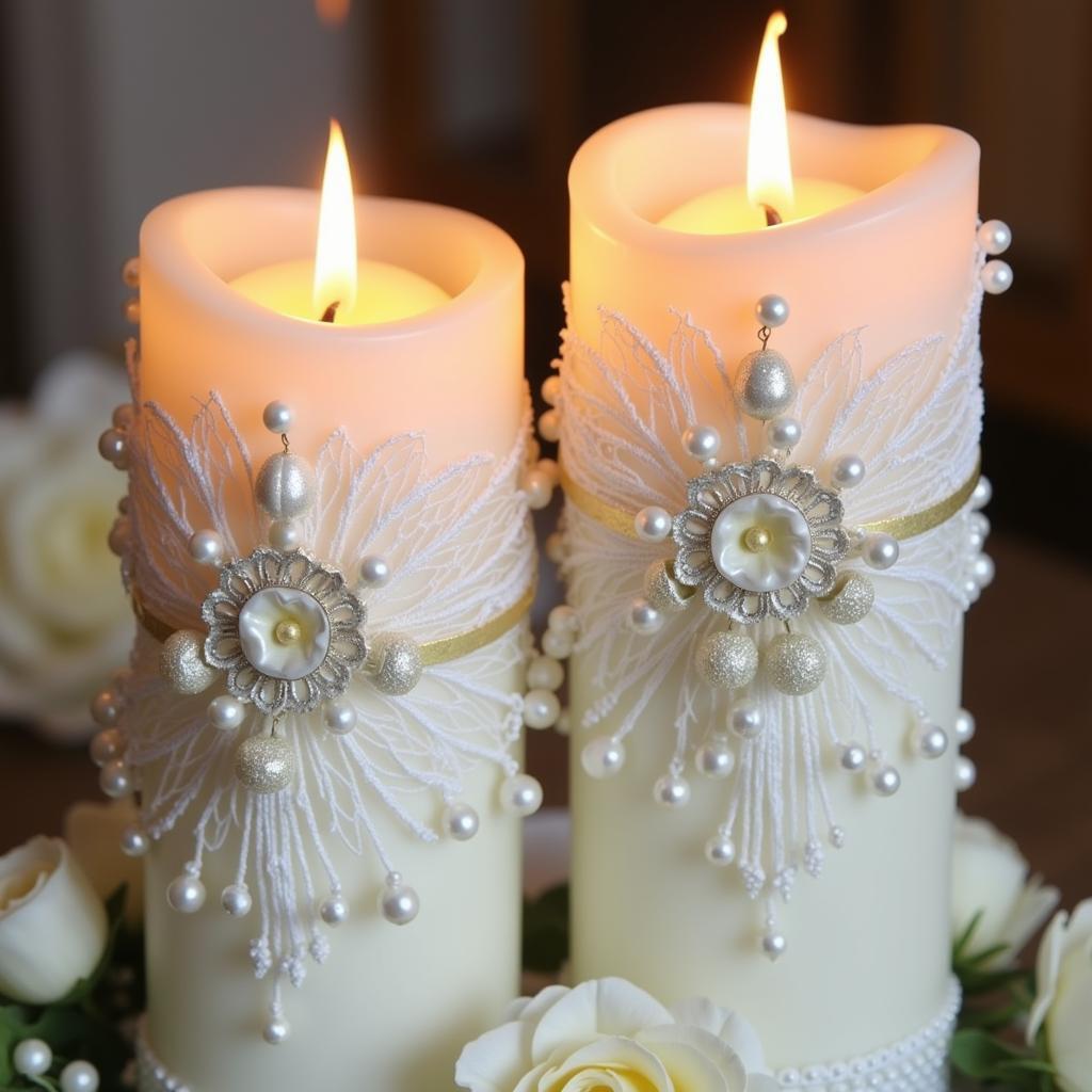 White decorated greek wedding candles