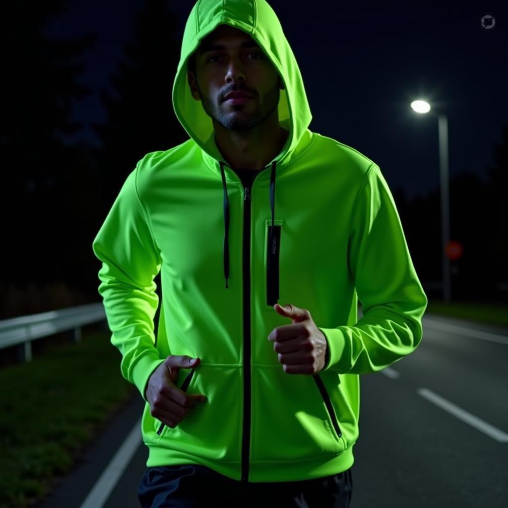 Người chạy bộ mặc áo hoodie phản quang xanh lá