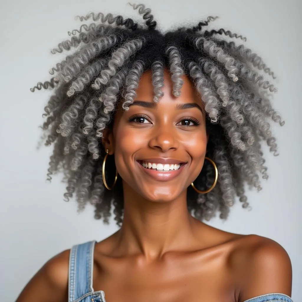 Woman with grey kinky hair smiling confidently